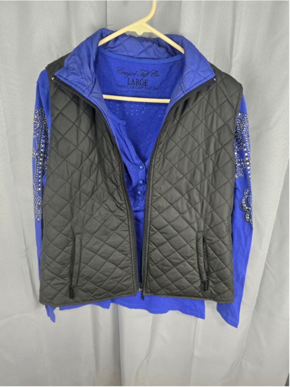 Women's Cowgirl Tuff Co. Long Sleeve Tee & Quilted Vest Set, Blue, Size L